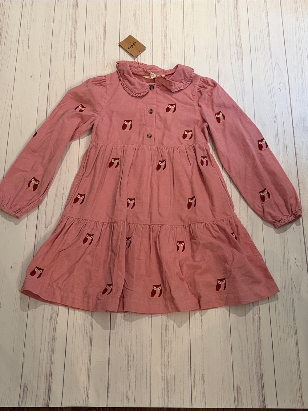 NWT Girls' Pink Ruffle Collar corduroy Owl embroidery Dress